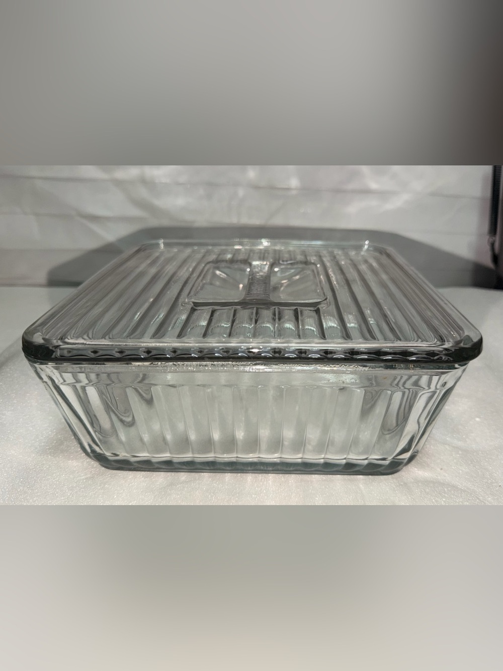 VTG Anchor Hocking 1932 Design Ribbed 9x9 Glass Refrigerator Dish w/ Lid Large